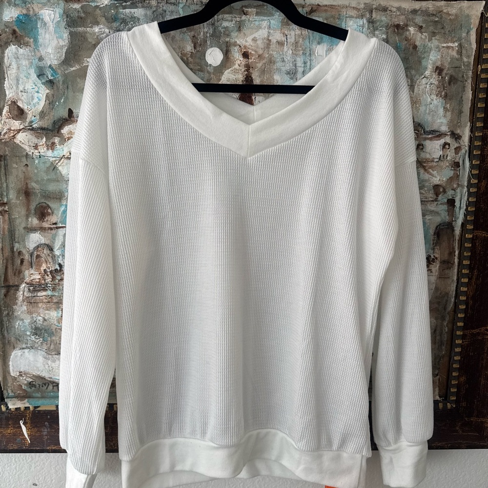 White V-Neck Waffle Knit Sweater